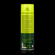 Green spray can with text on a black background