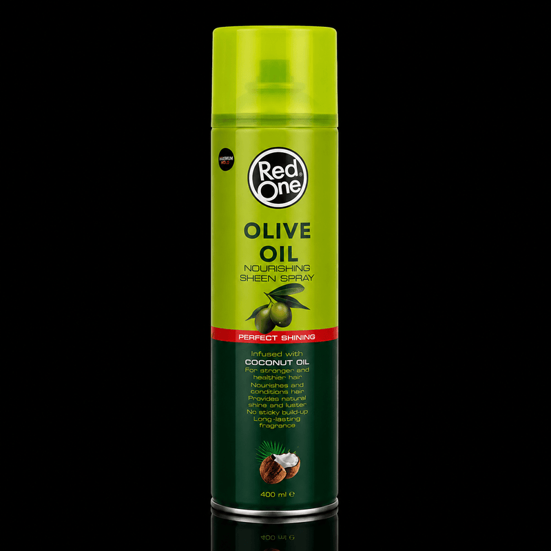 Green can of Red One Olive Oil Nourishing Sheen Spray on a black background