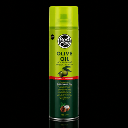 Green can of Red One Olive Oil Nourishing Sheen Spray on a black background