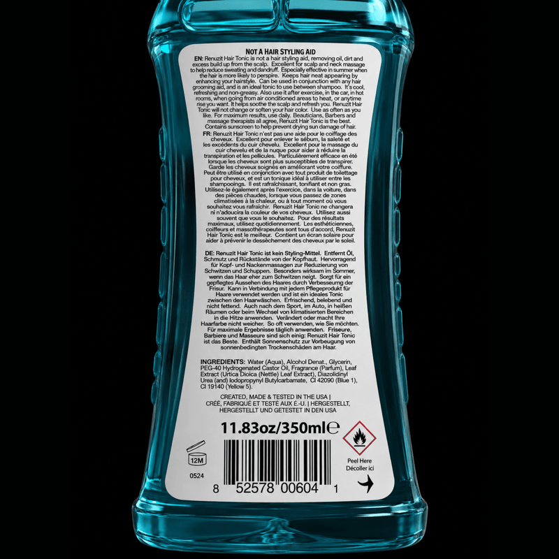 Reuzel Hair Tonic Back Label with Product Information and Directions Available at Primos Barber Supply