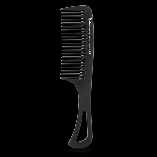 Rodeo Antistatic Carbon Comb 011, black wide-tooth comb with open-loop handle, front view on a black background
