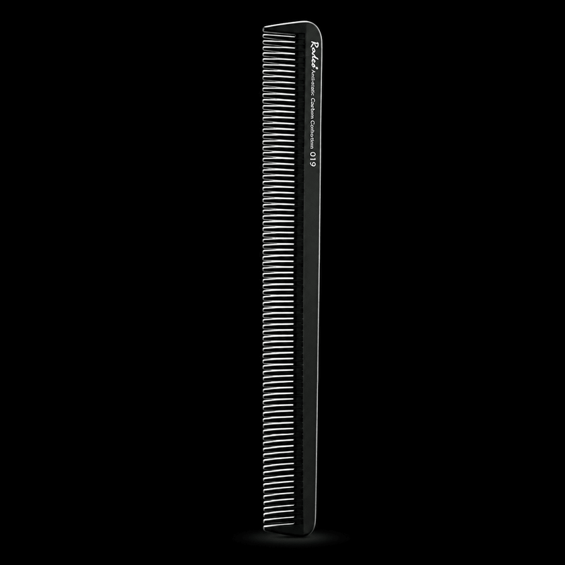 Rodeo Antistatic Carbon Comb 019, long black cutting comb with fine teeth, front view on a black background