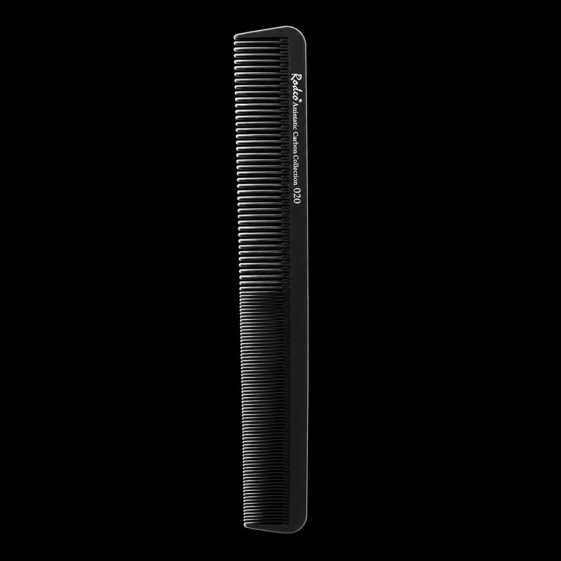 Rodeo Antistatic Carbon Comb 020, long black dual-tooth cutting comb, front view on a black background