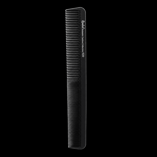 Rodeo Antistatic Carbon Comb 020, long black dual-tooth cutting comb, front view on a black background