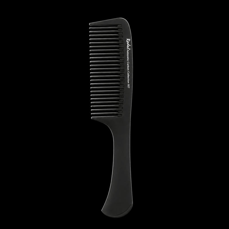 Rodeo Antistatic Carbon Comb 027, black wide-tooth handle comb with Rodeo logo, front view on a black background