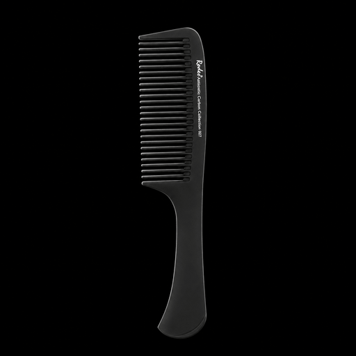 Rodeo Antistatic Carbon Comb 027, black wide-tooth handle comb with Rodeo logo, front view on a black background