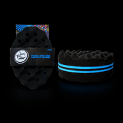 Black scrubber with blue stripes and packaging on a black background