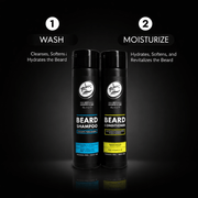 Two bottles of beard care products on a black background with text indicating 'Wash' and 'Moisturize'.