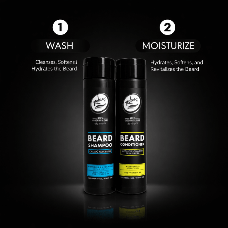 Two bottles of beard care products on a black background with text indicating 'Wash' and 'Moisturize'.