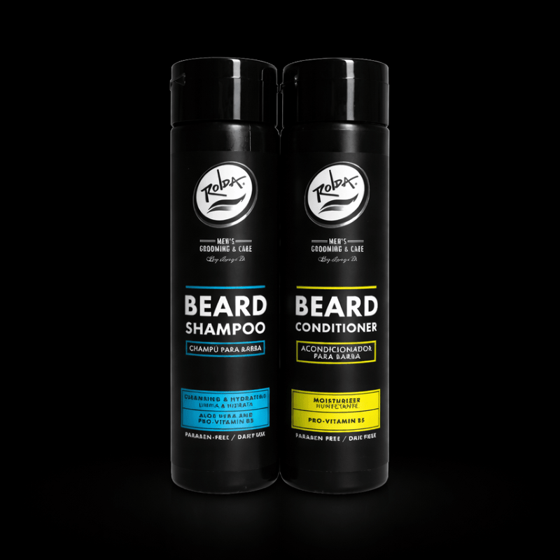 Two bottles of Zolbar Men's Grooming Care Beard Shampoo and Conditioner on a black background