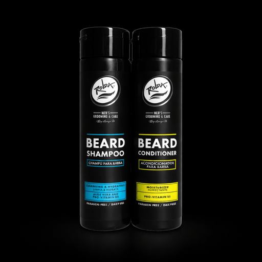 Two bottles of Zolbar Men's Grooming Care Beard Shampoo and Conditioner on a black background