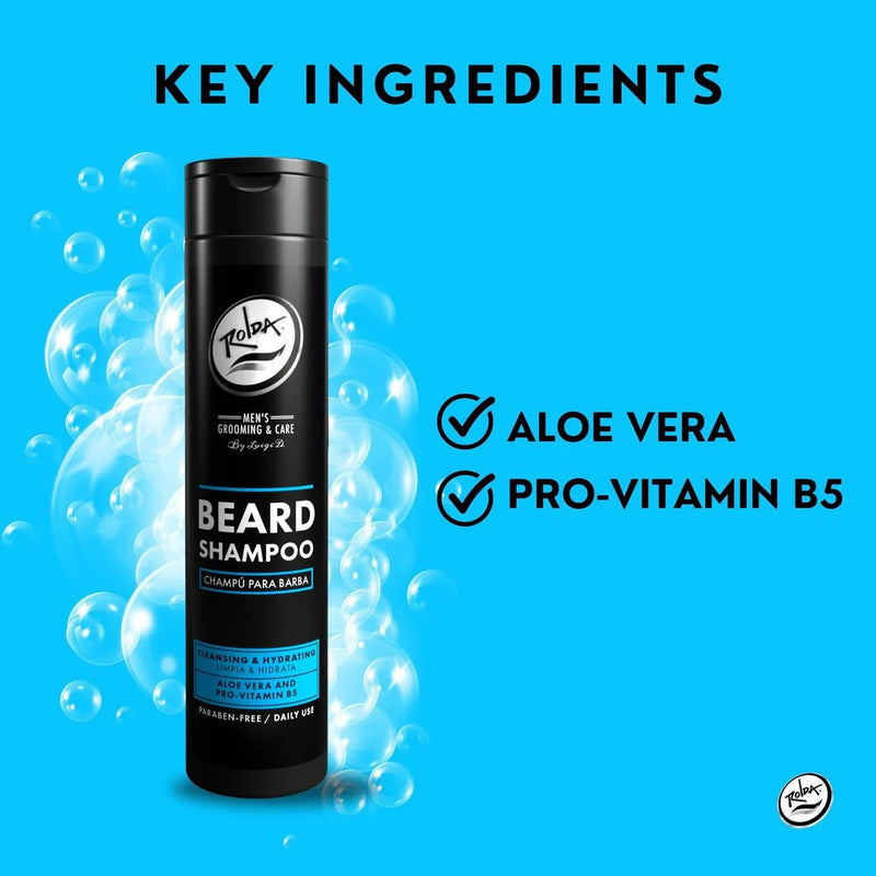 Kolira beard shampoo bottle with key ingredients on a blue background