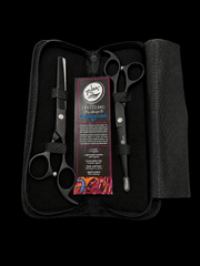 Rolda Black 7 Inch Shear Set with cutting shear and thinning shear in protective zip case for professional barbers and hairstylists
