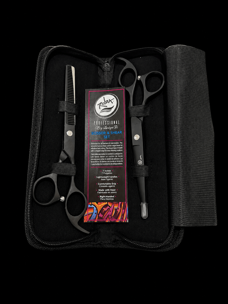Rolda Black 7 Inch Shear Set with cutting shear and thinning shear in protective zip case for professional barbers and hairstylists
