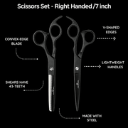Rolda Black 7 Inch Shear Set featuring convex edge blade, 43 tooth thinning shear, lightweight handles and stainless steel construction