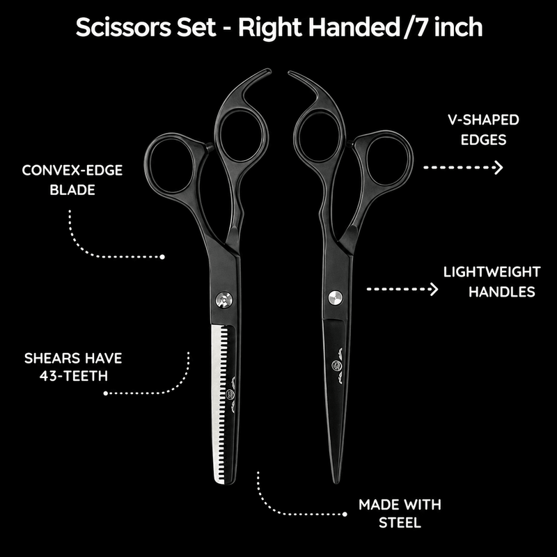 Rolda Black 7 Inch Shear Set featuring convex edge blade, 43 tooth thinning shear, lightweight handles and stainless steel construction