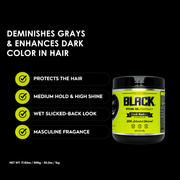 Rolda Black Hair Styling Gel benefits chart showing grey blending and wet look finish