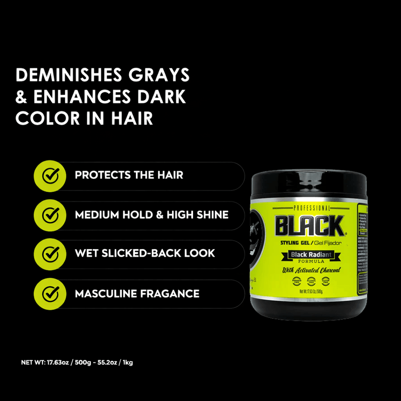 Rolda Black Hair Styling Gel benefits chart showing grey blending and wet look finish