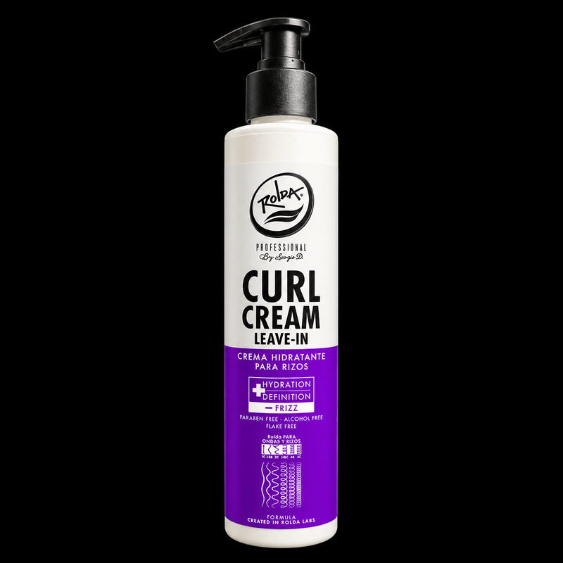Rolda Curl Cream Leave-In 300ml white and purple pump bottle, front view on black background