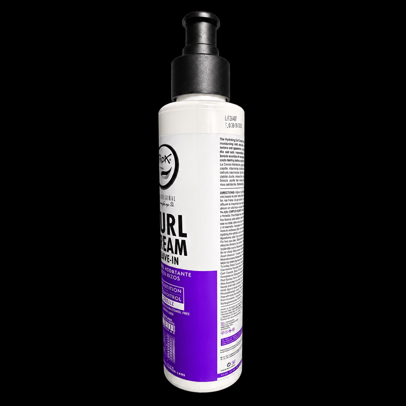 Rolda Curl Cream Leave-In pump bottle turned to the side showing the front and back label