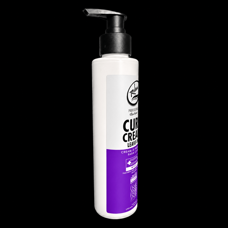 Side view of the Rolda Curl Cream Leave-In bottle with black pump on black background