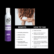 Mousse bottle with benefits and usage instructions on a black background