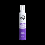 Mousse bottle with white and purple label on a black background