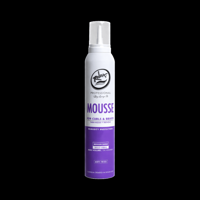 Mousse bottle with white and purple label on a black background