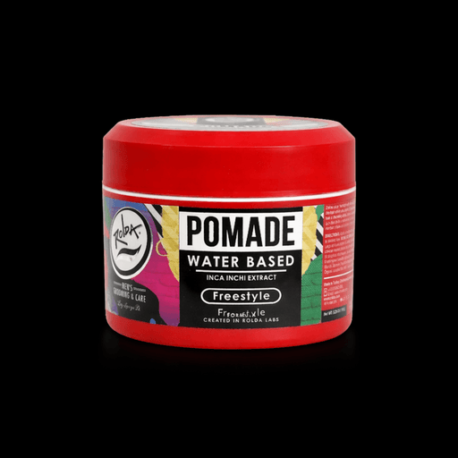 Red jar of water-based pomade with colorful label on a black background