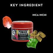 Red pomade jar with 'Inca Inchi' key ingredient on a black background