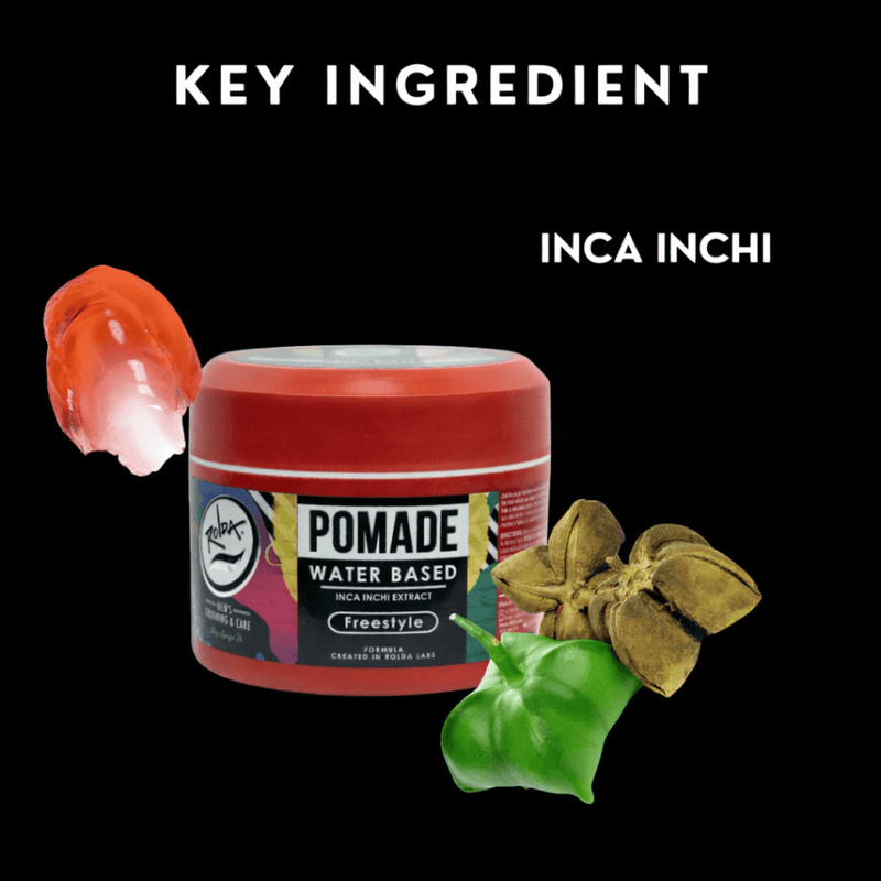 Red pomade jar with 'Inca Inchi' key ingredient on a black background
