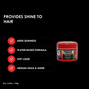 Red pomade jar with features listed on a black background