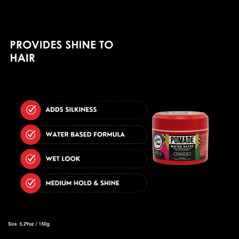 Red pomade jar with features listed on a black background
