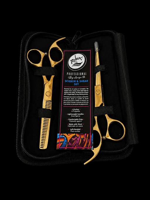 Rolda Gold 6 Inch Left Handed Shear Set with cutting shear, thinning shear and protective zip case for professional barbers and hairstylists