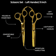 Rolda Gold 6 Inch Left Handed Shear Set featuring molded finger rest, lightweight handles and comfortable grip