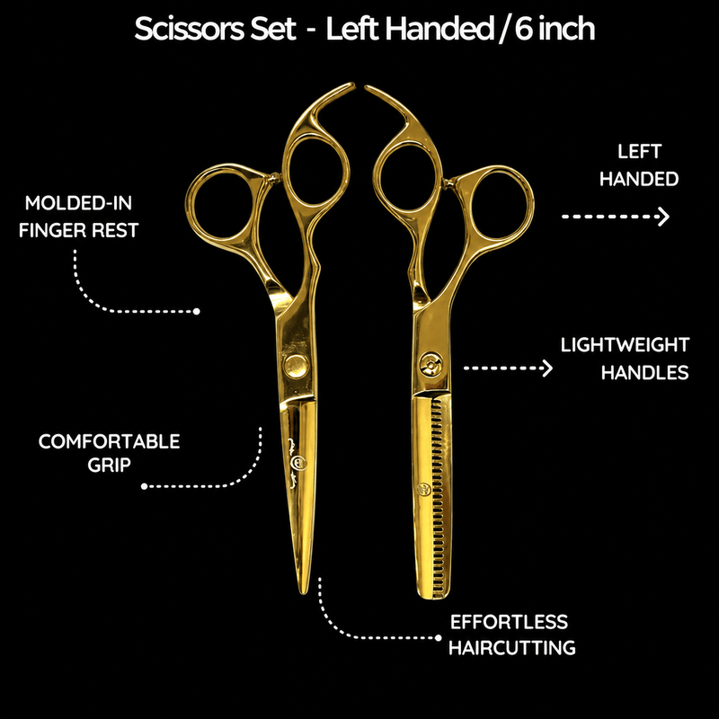 Rolda Gold 6 Inch Left Handed Shear Set featuring molded finger rest, lightweight handles and comfortable grip