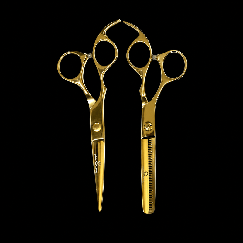 Rolda Gold 6 Inch Left Handed Hair Cutting and Thinning Shear Set for professional barber and salon use
