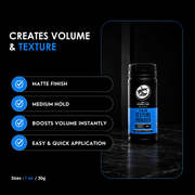 Rolda Hair Texture Powder benefits graphic showing matte finish medium hold and instant volume