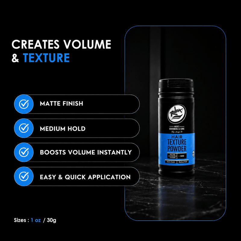 Rolda Hair Texture Powder benefits graphic showing matte finish medium hold and instant volume