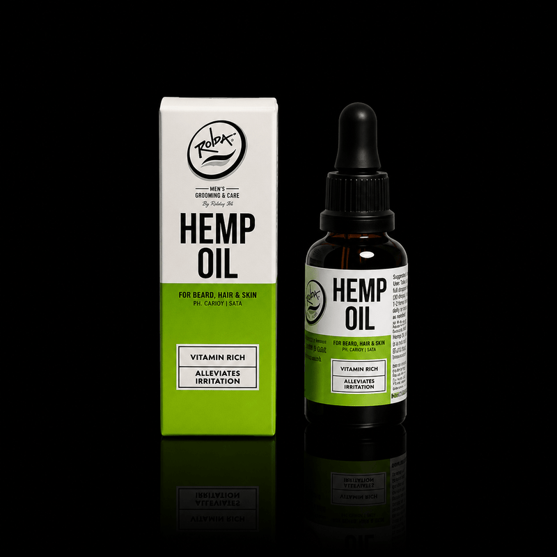 Hemp oil bottle and packaging with a black background