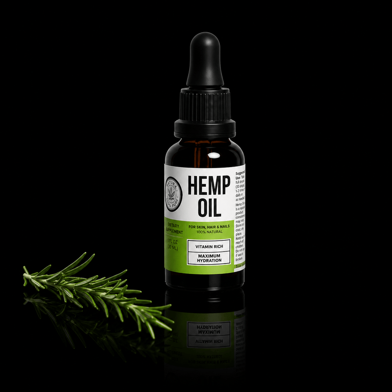 Bottle of hemp oil with a dropper on a black background