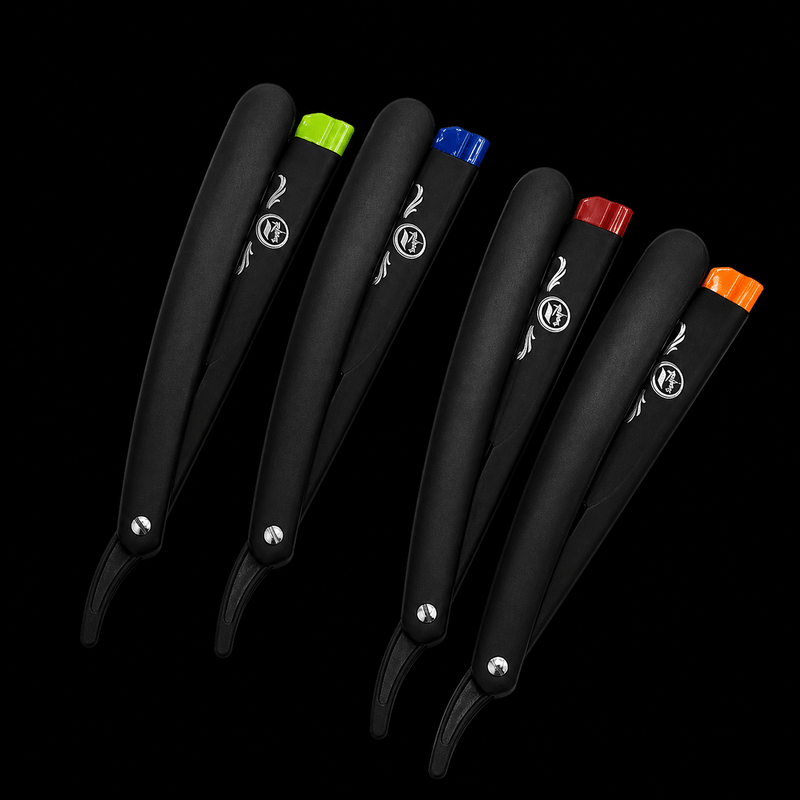 Rolda matte straight razor blade holder color options red blue green orange barber shavette razors on black background