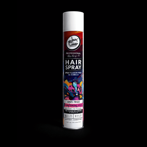 Hair spray can with colorful label on a black background. Primos Barber Supply
