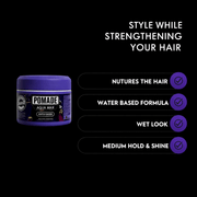 Purple pomade jar with text benefits on a black background Primos Barber Supply