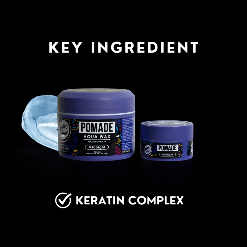 Purple pomade jar with a smear on a black background, featuring 'Keratin Complex' as a key ingredient. Primos Barber Supply