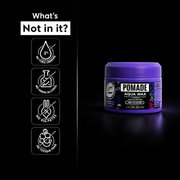 Purple jar of pomade with icons and text of specification of the product on a black background.Primos Barber Supply