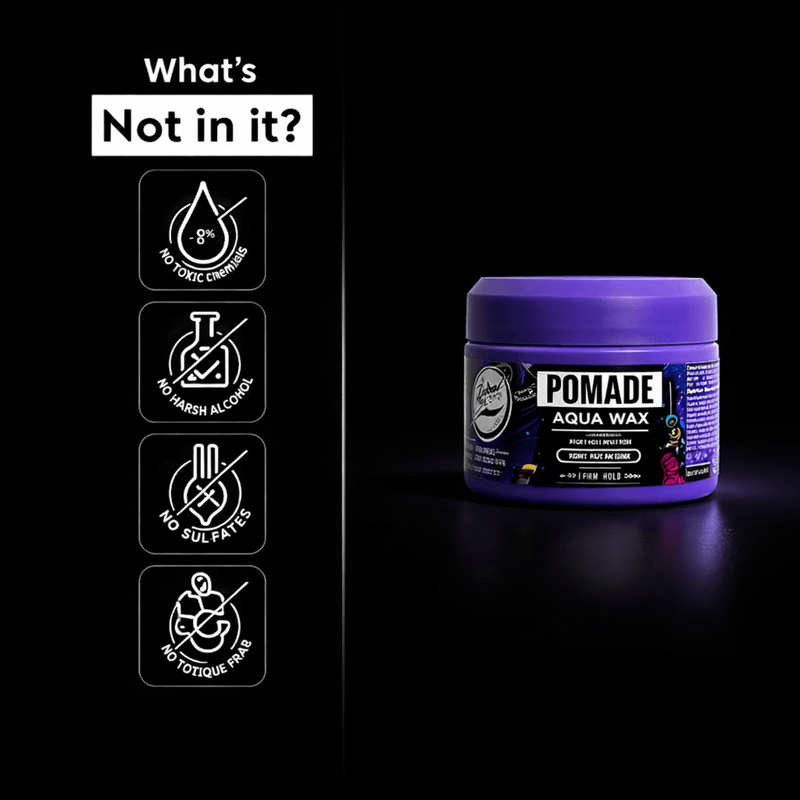 Purple jar of pomade with icons and text of specification of the product on a black background.Primos Barber Supply