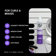 Mousse for curls and braids with product details on a black background