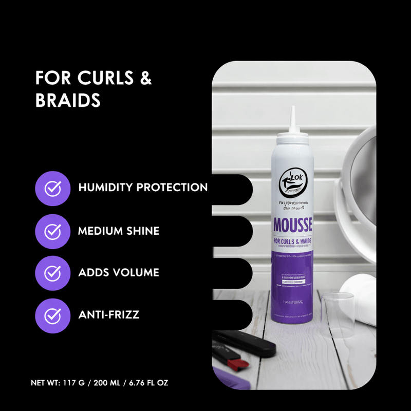 Mousse for curls and braids with product details on a black background