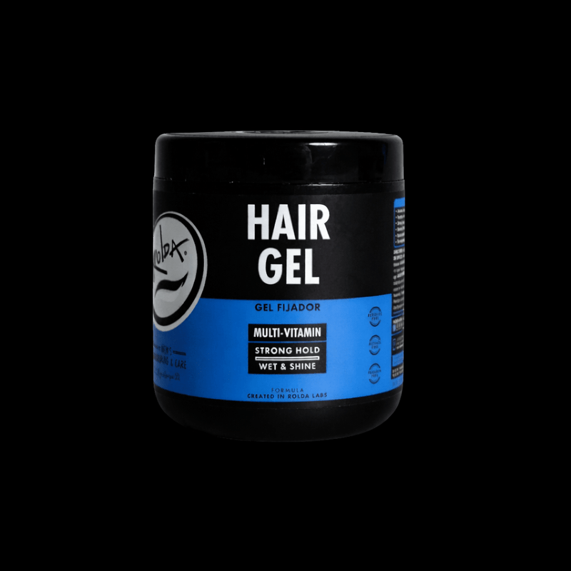 Hair gel container with black and blue design on a black background